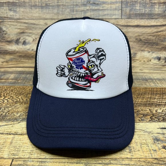 Pabst Blue Ribbon Mens Trucker Hat Navy Snapback Monster Beer Can Retro Logo Cap - Picture 2 of 8